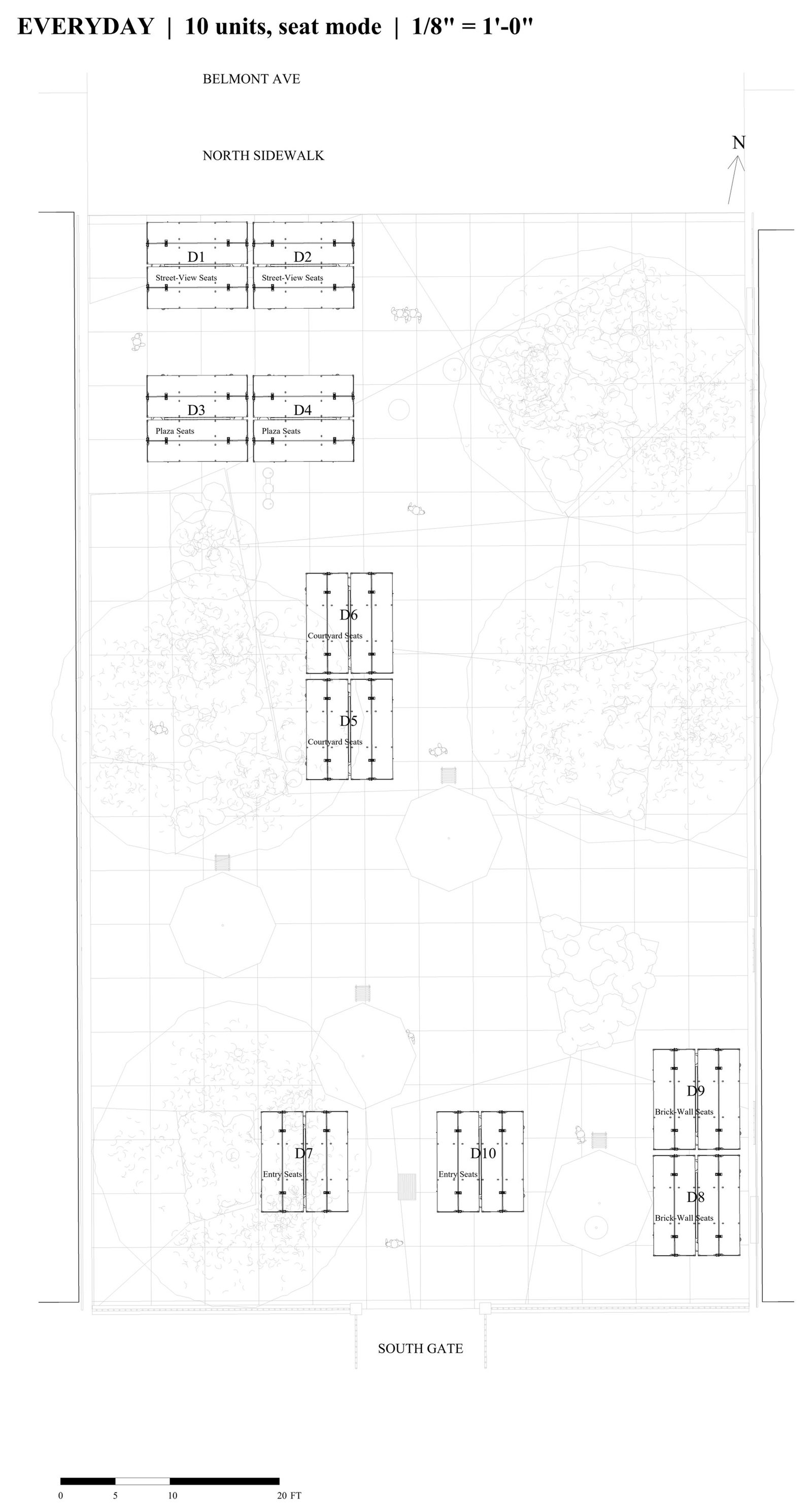 Roof plan, everyday: 10 units dropped to shaded benches, 1/8″ = 1′-0″.