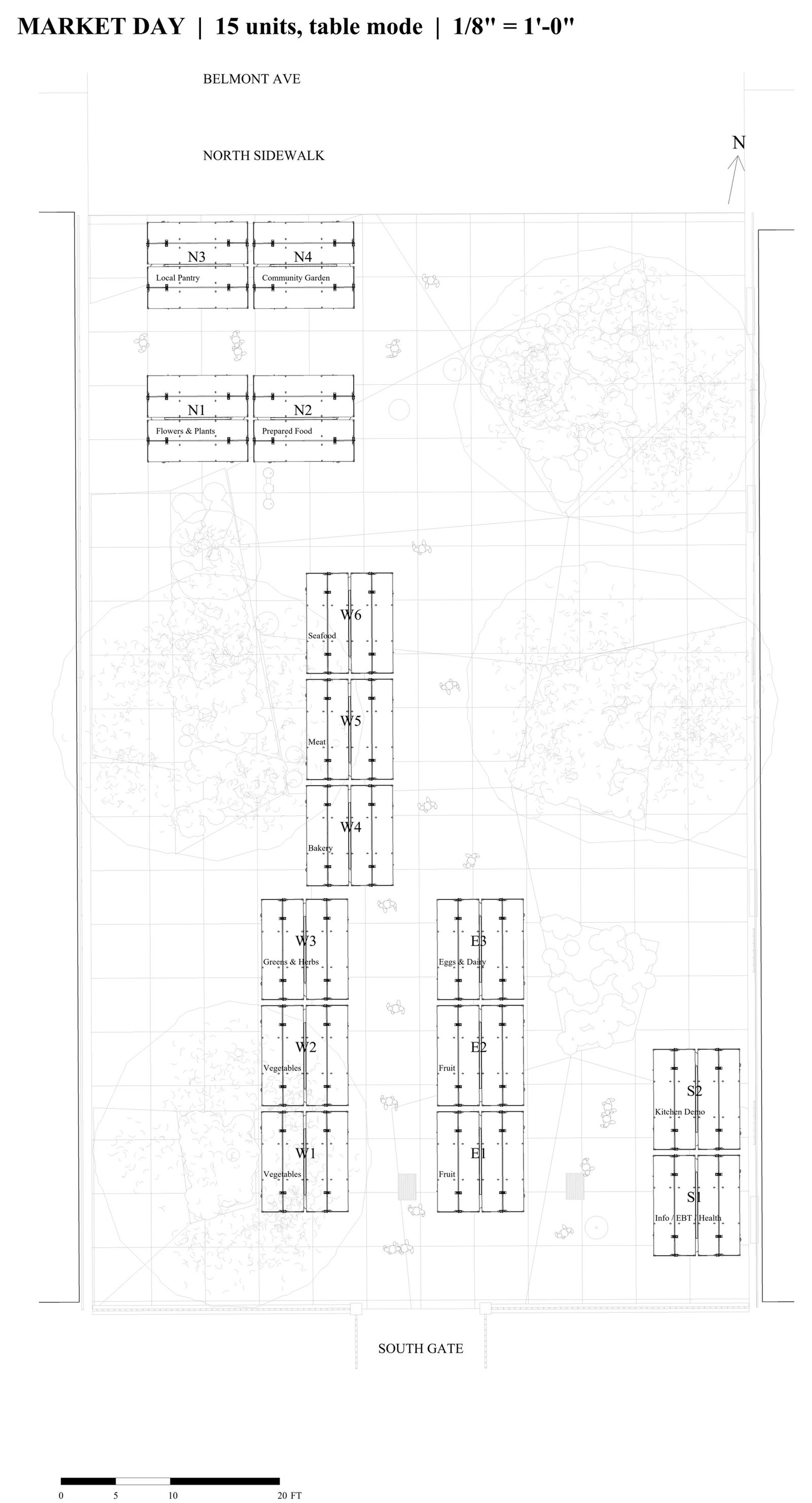 Roof plan, market day: 15 units in table mode, 1/8″ = 1′-0″.
